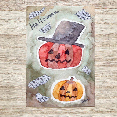 透明水彩画 3枚セット「ハロウィンかぼちゃ」北欧水彩画イラストポスト