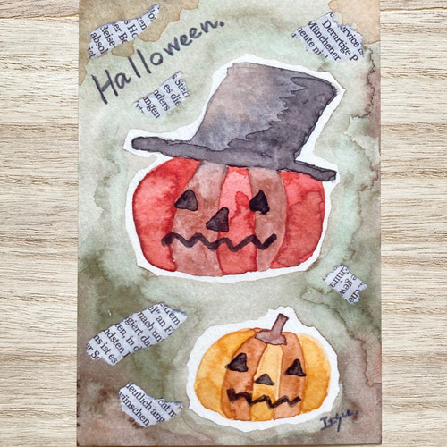 透明水彩画 3枚セット「ハロウィンかぼちゃ」北欧水彩画イラストポスト
