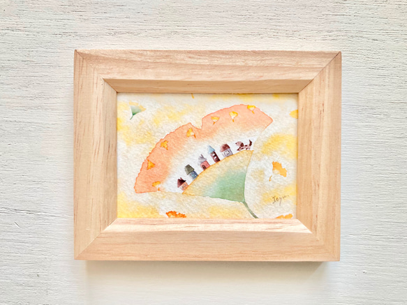 透明水彩画「イチョウ並木をお散歩」イラスト ミニ額 秋 プチ