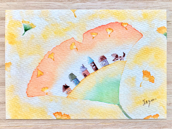 透明水彩画3枚セット「イチョウ並木をお散歩」イラストポストカード　秋　メッセージカード　犬　紅葉　敬老の日 2枚目の画像