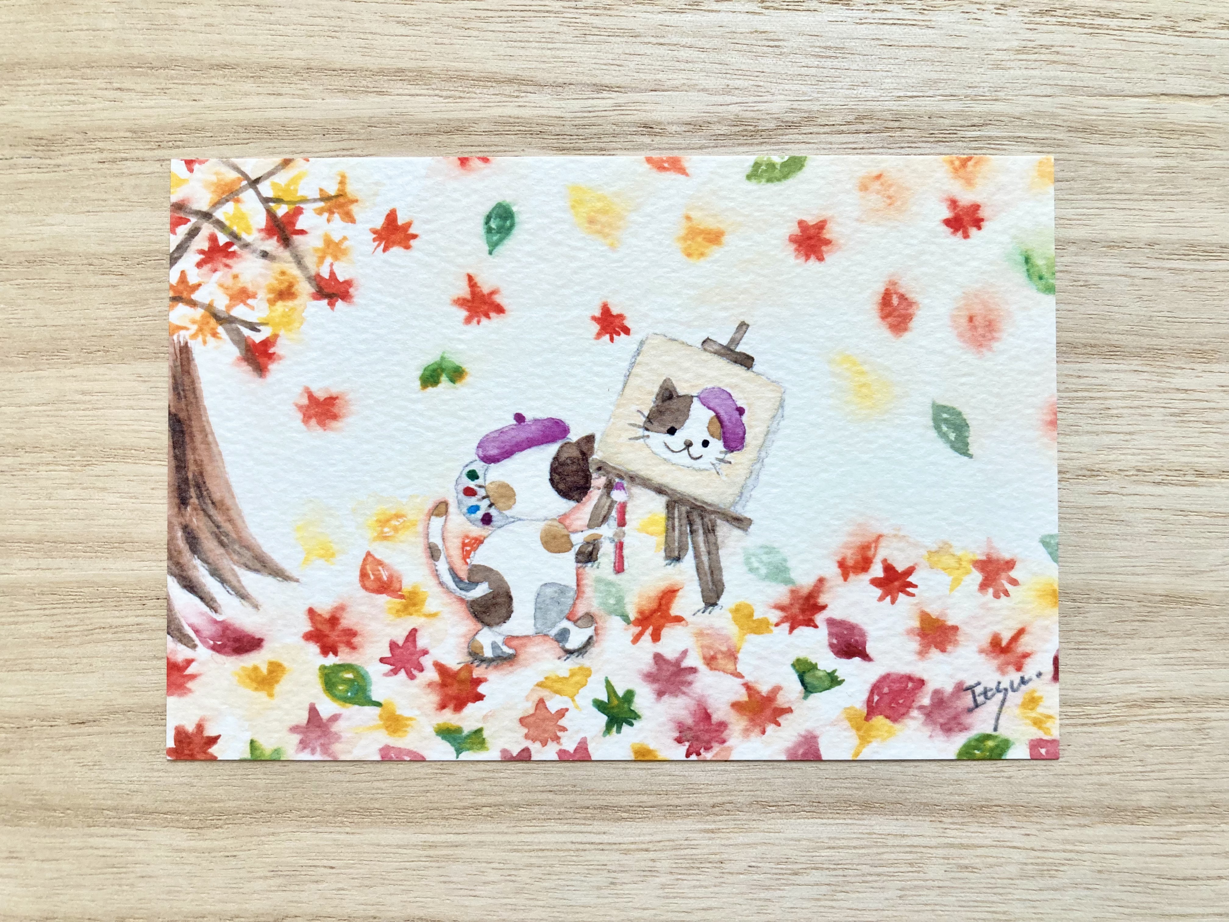 透明水彩画3枚セット「猫ちゃんの自画像」イラストポストカード
