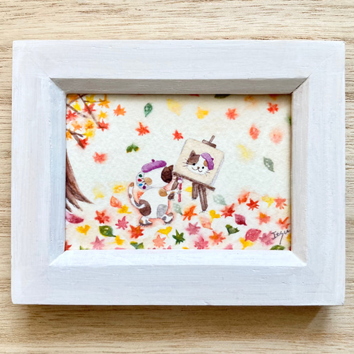透明水彩画「猫ちゃんの自画像」イラスト ミニ額 プチギフト