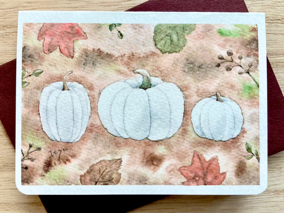 透明水彩画2枚セット「white pumpkin」北欧イラスト　ミニカード　バースデーカード　ハロウィン　敬老の日　秋　 2枚目の画像
