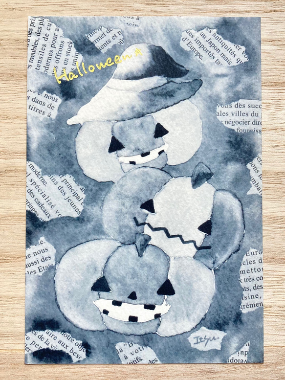 透明水彩画3枚セット「モノトーンハロウィン」北欧イラストポストカード　ハロウィンカード　メッセージカード　かぼちゃ　 2枚目の画像