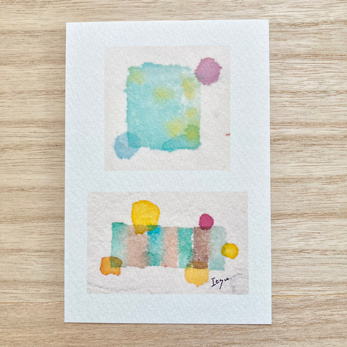 透明水彩画3枚セット にじみ絵「いろいろ四角 その2」 北欧イラスト