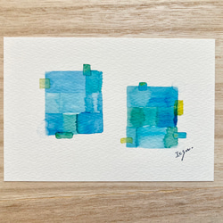 透明水彩画3枚セット にじみ絵「いろいろ四角 その5」 北欧イラスト