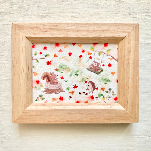 透明水彩画「秋のピクニック」イラストミニ額 ハリネズミ クマ リス