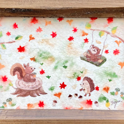 透明水彩画「秋のピクニック」イラストミニ額　ハリネズミ　クマ　リス　紅葉　プチギフト　敬老の日　秋 4枚目の画像