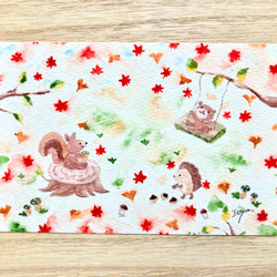 透明水彩画　3枚セット「秋のピクニック」イラストポストカード　クマ　リス　ハリネズミ　紅葉　秋 1枚目の画像