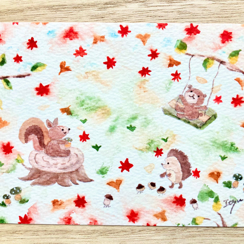 透明水彩画 3枚セット「秋のピクニック」イラストポストカード