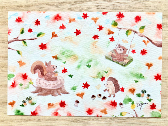 透明水彩画　3枚セット「秋のピクニック」イラストポストカード　クマ　リス　ハリネズミ　紅葉　秋 2枚目の画像
