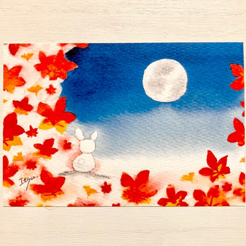 透明水彩画3枚セット「満月と紅葉」イラストポストカード 月 秋 透明水彩画3枚セット「満月と紅葉」イラストポストカード 月 秋