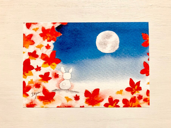 透明水彩画3枚セット「満月と紅葉」イラストポストカード 月 秋