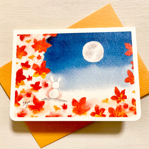 透明水彩画2枚セット「満月と紅葉」イラストミニカード うさぎ