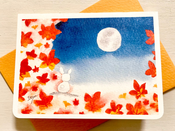 透明水彩画2枚セット「満月と紅葉」イラストミニカード　うさぎ　ウサギ　秋　イチョウ　月　バースデーカード　中秋の名月 2枚目の画像