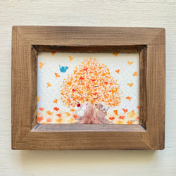 透明水彩画「それぞれの秋」イラストミニ額　プチギフト   秋　うさぎ　クマ　鳥　イチョウ　紅葉 2枚目の画像