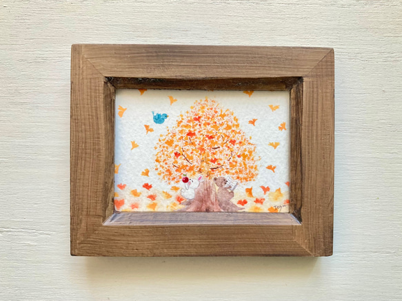 透明水彩画「それぞれの秋」イラストミニ額　プチギフト   秋　うさぎ　クマ　鳥　イチョウ　紅葉 2枚目の画像
