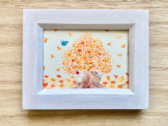 透明水彩画「それぞれの秋」イラストミニ額　プチギフト   秋　うさぎ　クマ　鳥　イチョウ　紅葉 3枚目の画像