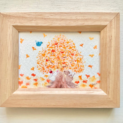透明水彩画「それぞれの秋」イラストミニ額　プチギフト   秋　うさぎ　クマ　鳥　イチョウ　紅葉 4枚目の画像