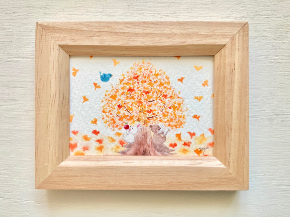 透明水彩画「それぞれの秋」イラストミニ額　プチギフト   秋　うさぎ　クマ　鳥　イチョウ　紅葉 4枚目の画像