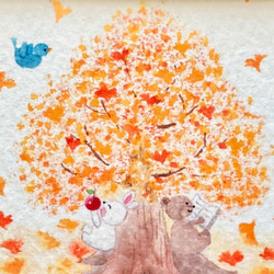 透明水彩画「それぞれの秋」イラストミニ額　プチギフト   秋　うさぎ　クマ　鳥　イチョウ　紅葉 5枚目の画像