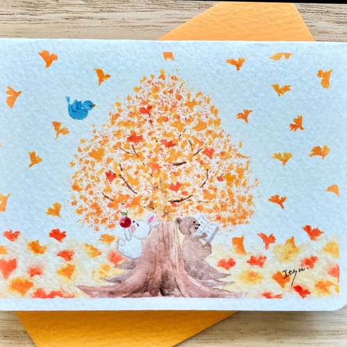 透明水彩画「それぞれの秋」イラストポストカード 3枚セット