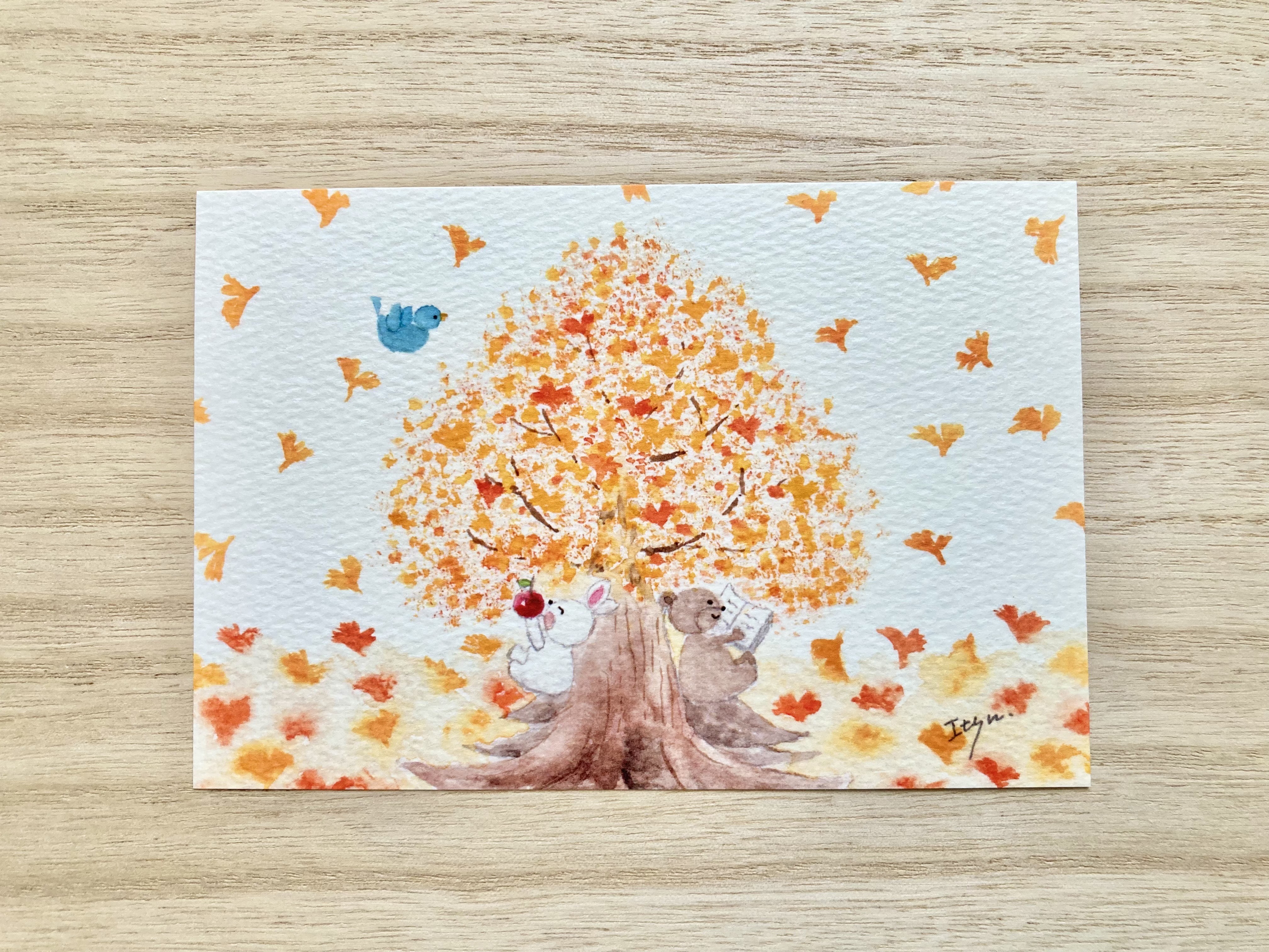 透明水彩画「それぞれの秋」イラストポストカード 3枚セット