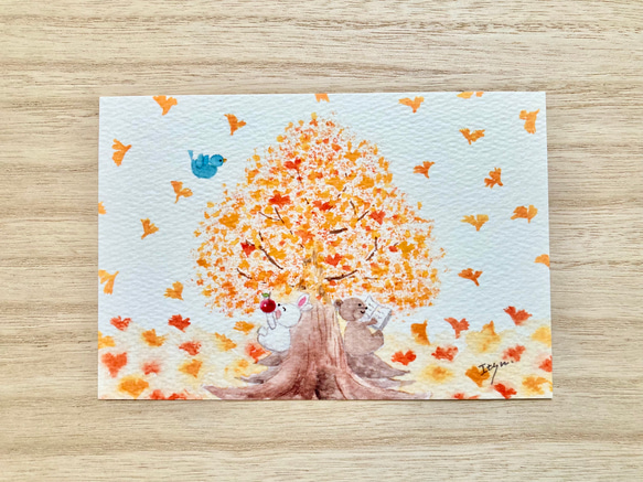 透明水彩画「それぞれの秋」イラストポストカード　3枚セット　うさぎ　クマ　鳥　秋　メッセージカード　ほっこり　癒し 1枚目の画像