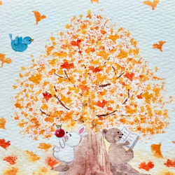 透明水彩画「それぞれの秋」イラストポストカード　3枚セット　うさぎ　クマ　鳥　秋　メッセージカード　ほっこり　癒し 2枚目の画像
