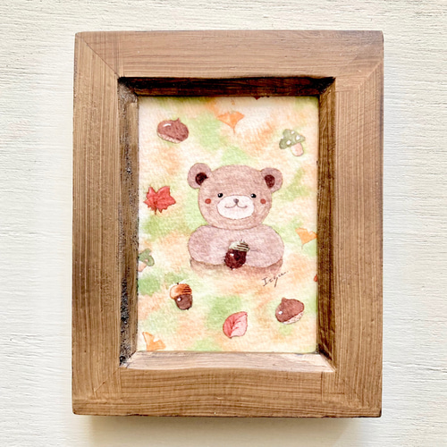 透明水彩画「くまさんの秋」北欧イラストミニ額 プチギフト クマ
