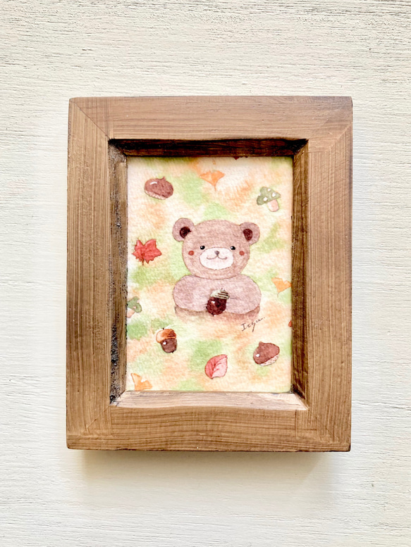 透明水彩画「くまさんの秋」北欧イラストミニ額 プチギフト クマ
