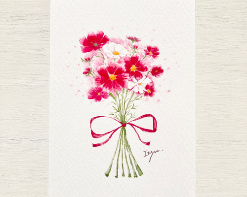 透明水彩画「コスモスの花束」イラストポストカード 3枚セット