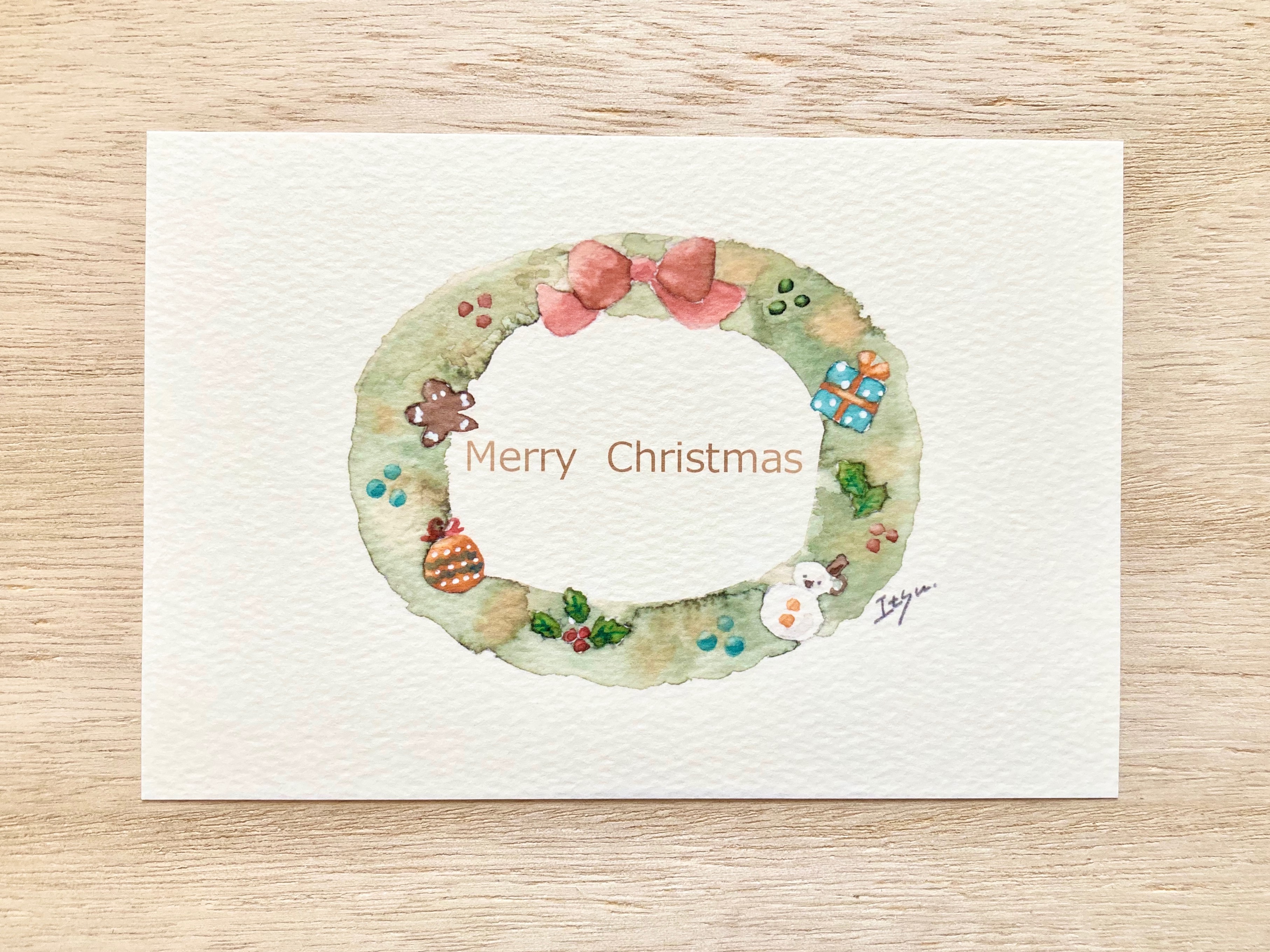 水彩で描いたかわいいクリスマスリース【手描き】白バックの