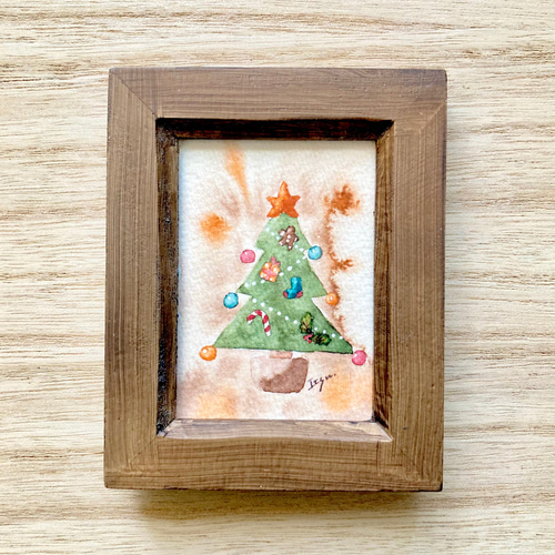 透明水彩画「アンティーククリスマスツリー」北欧イラストミニ額