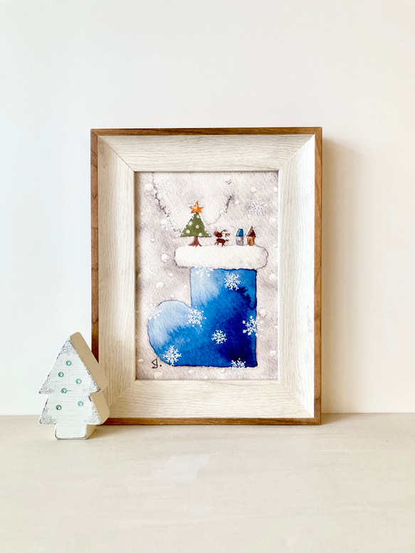 透明水彩画　A4ポスター「青いクリスマスブーツ」クリスマス　クリスマスインテリア　クリスマスギフト　クリスマスツリー 1枚目の画像