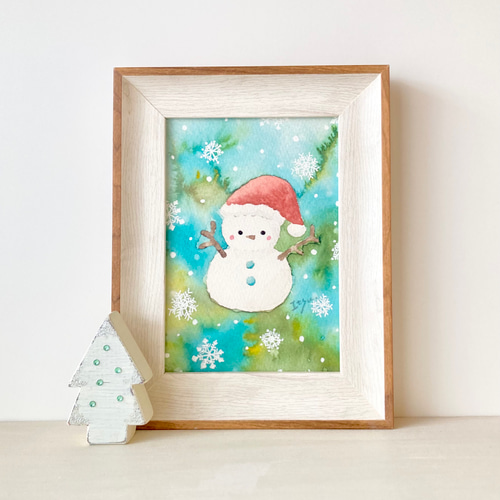透明水彩画 A4ポスター「雪だるまサンタ」クリスマス クリスマス