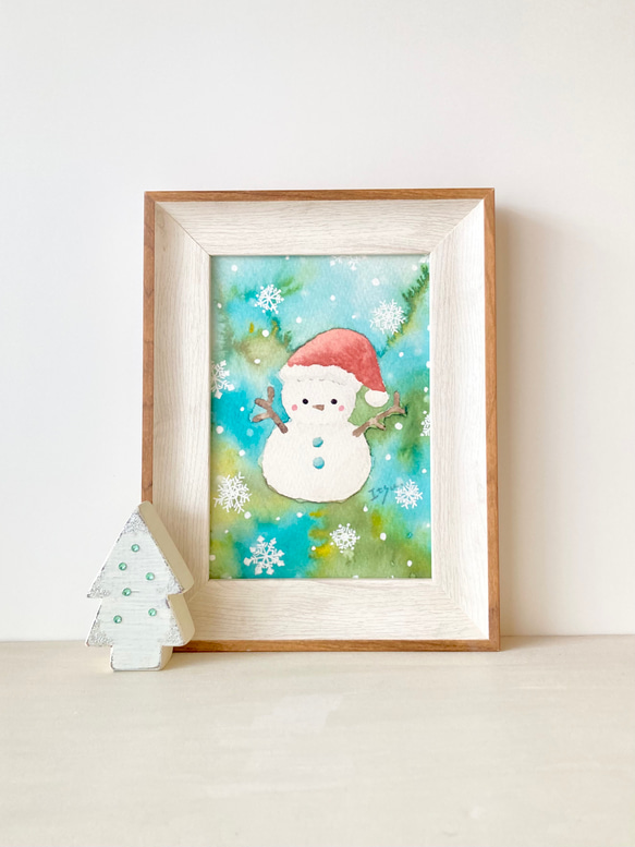 透明水彩画　A4ポスター「雪だるまサンタ」クリスマス　クリスマスインテリア　クリスマスギフト　クリスマスツリー 1枚目の画像
