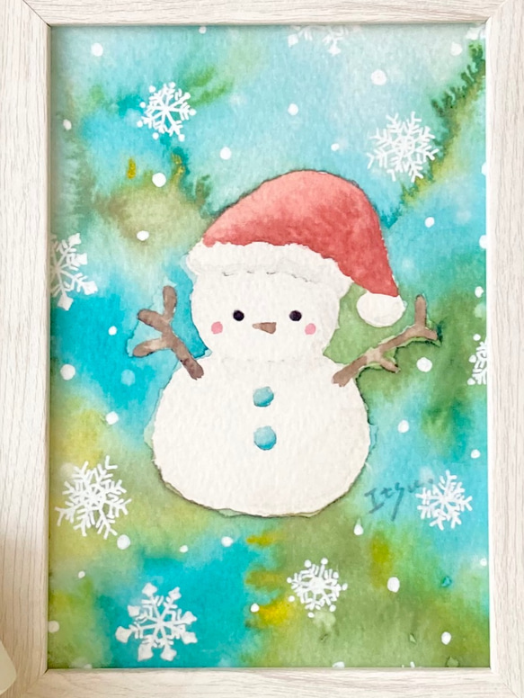 透明水彩画　A4ポスター「雪だるまサンタ」クリスマス　クリスマスインテリア　クリスマスギフト　クリスマスツリー 2枚目の画像