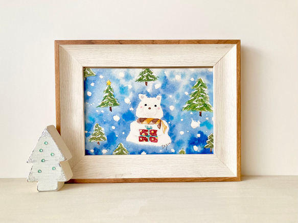 透明水彩画　A4ポスター「しろくまくんからの贈り物」クリスマス　クリスマスインテリア　クリスマスギフト　クリスマスツリー 1枚目の画像
