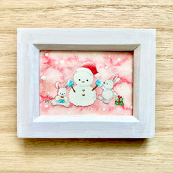 透明水彩画「うさぎさんたちのクリスマス」イラストミニ額　クリスマス　クリスマスギフト　プチギフト  ウサギ 1枚目の画像
