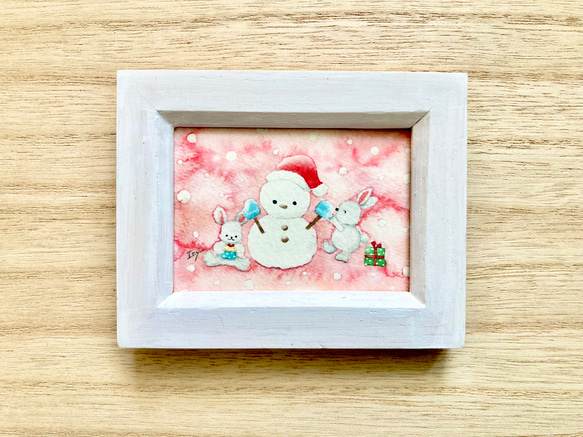 透明水彩画「うさぎさんたちのクリスマス」イラストミニ額 クリスマス