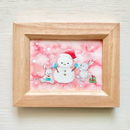 透明水彩画「うさぎさんたちのクリスマス」イラストミニ額 クリスマス