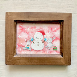 透明水彩画「うさぎさんたちのクリスマス」イラストミニ額　クリスマス　クリスマスギフト　プチギフト  ウサギ 3枚目の画像