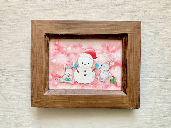 透明水彩画「うさぎさんたちのクリスマス」イラストミニ額　クリスマス　クリスマスギフト　プチギフト  ウサギ 3枚目の画像