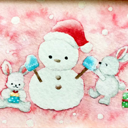 透明水彩画「うさぎさんたちのクリスマス」イラストミニ額　クリスマス　クリスマスギフト　プチギフト  ウサギ 4枚目の画像