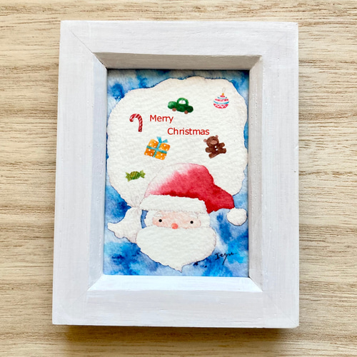 透明水彩画「サンタギフト」イラストミニ額 クリスマス サンタクロース