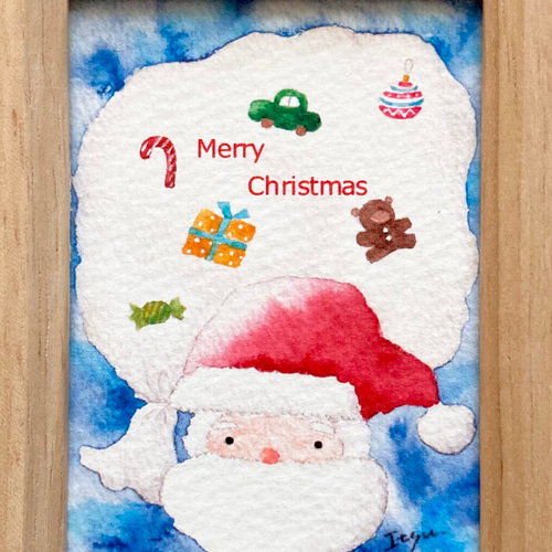 透明水彩画「サンタギフト」イラストミニ額 クリスマス サンタクロース