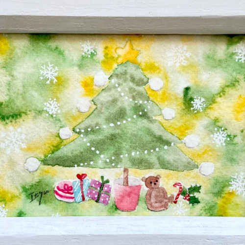 透明水彩画「グリーンクリスマス」イラストミニ額 クリスマスギフト