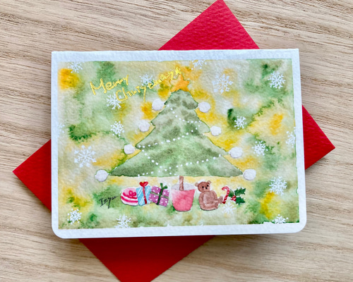 透明水彩画「グリーンクリスマス」2枚セット イラストミニカード