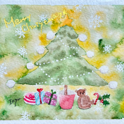 透明水彩画「グリーンクリスマス」2枚セット　イラストミニカード　クリスマスカード　クリスマスプレゼント　クマ 2枚目の画像